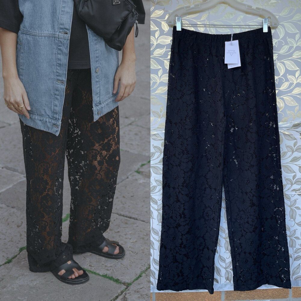 Les Soeurs Reva Black Lace Trousers Size 2 Goth Coquette Romantic Wide Leg Pants
